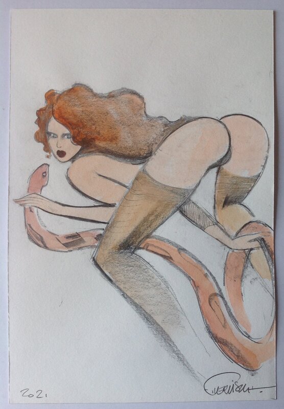 En vente - Frédéric Vervisch Dessin Original illustration Pin up Serpent , Bombatô Mike , inédit + Livre Art Book Éo Zanpano NEUF - Illustration originale