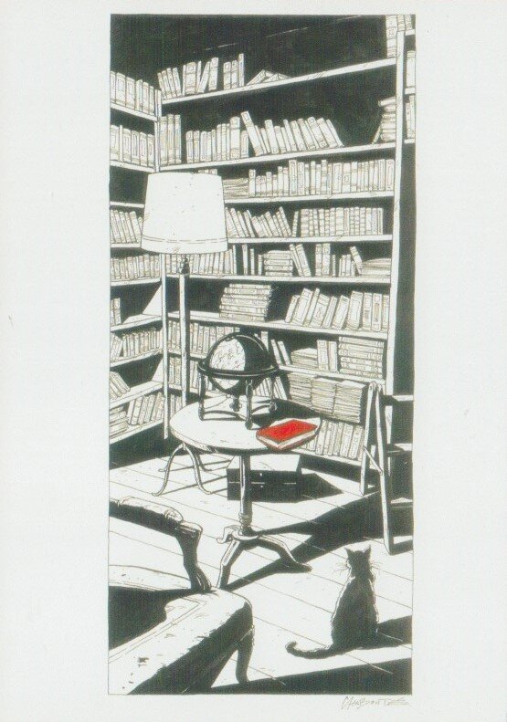 Christophe Chabouté, Chat bibliothèque livre rouge - Original Illustration