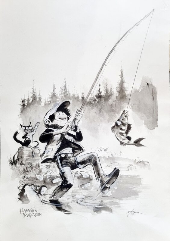 René Follet, Gaston et le chat à la pêche - Original Illustration