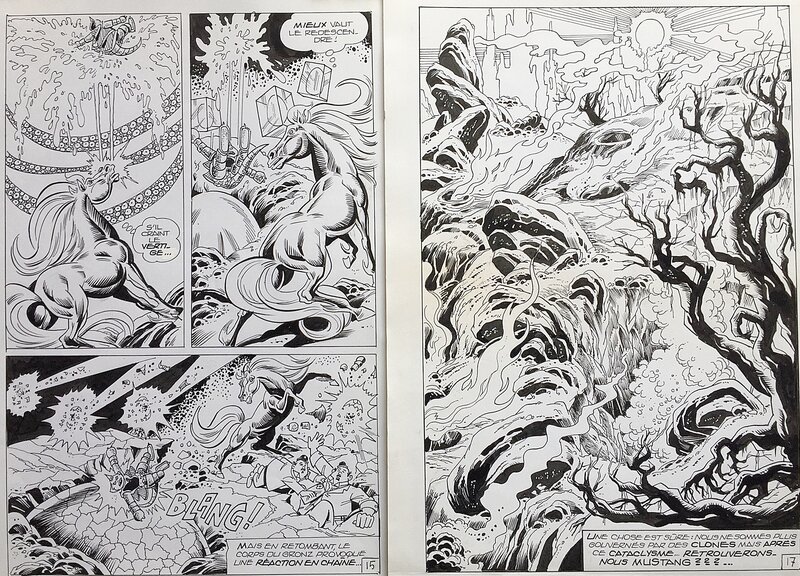 Franco Oneta, Jacques Lennoz, Jean-Yves Mitton, Frank Honest, Jack Nolez, Oneta, Mustang#10, Cherchez le Clone, épisode inédit, diptyque planches n°15&17, 1981. - Planche originale