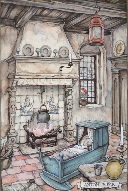 Geboortekaart kleur par Anton Pieck - Planche originale