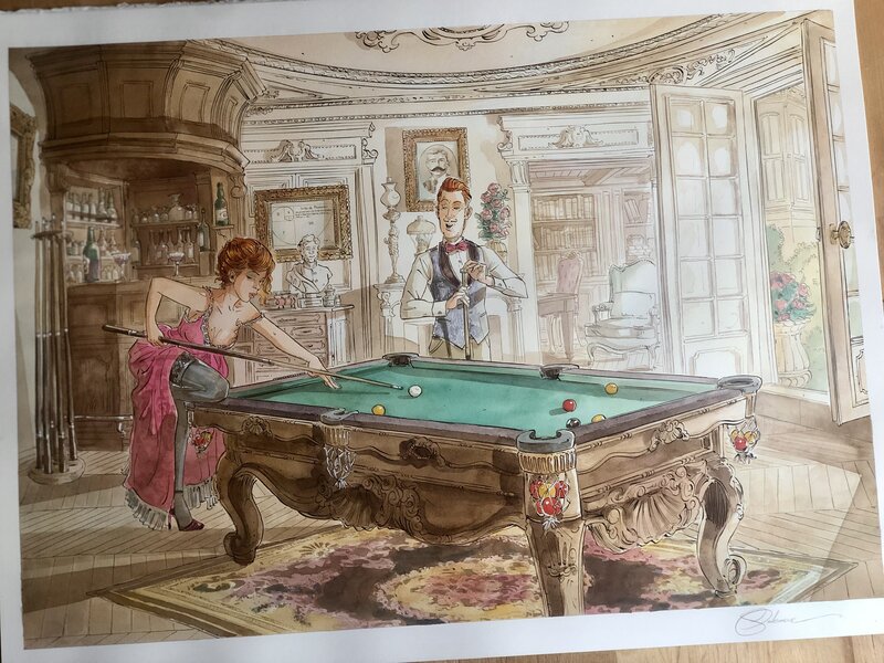 Paul Salomone, Partie de billard entre Margot & Byron - Original Illustration