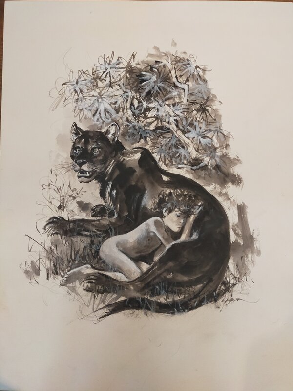 Mowgli et Bagherra par René Follet - Illustration originale