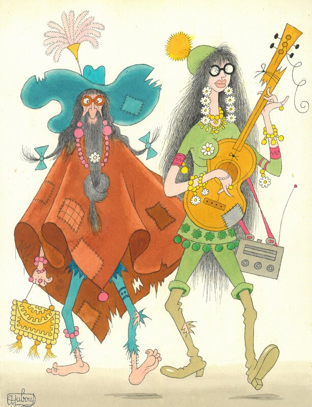 Les Beatniks by Albert Dubout - Original Illustration