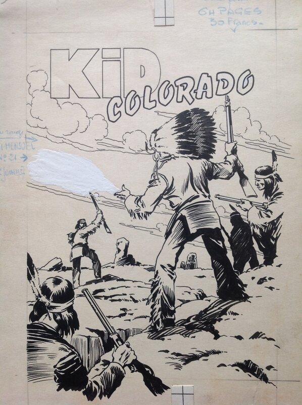 En vente - Atelier Chott, Claude Bordet, Rémy Bordelet, Rémy, Fergal, Atelier Chott , Couverture Originale Planche N&B Couv Kid Colorado 21 indien Révolte Western Cow Boy , Petit Format Chott 1957 - Couverture originale