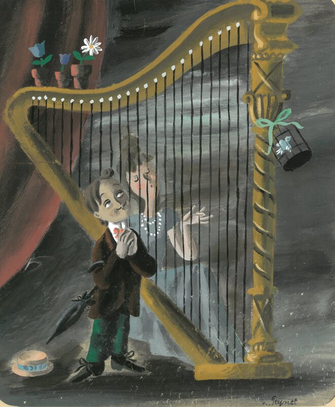 Amoureux à la harpe par Raymond Peynet - Illustration originale
