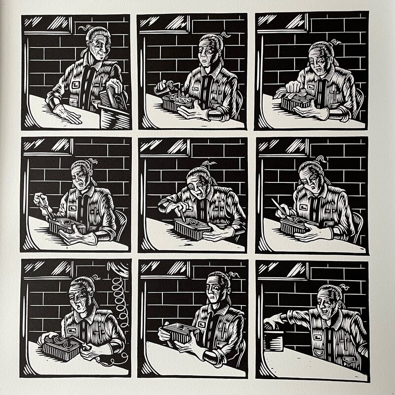 Emilien Maricot, Les bons gestes - Quadriptyque - Linogravure - Comic Strip