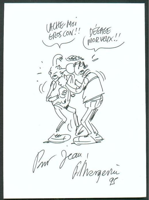 En vente - Frank Margerin Lucien et Manu La Baston , Dessin Dédicace des 2 héros sur Feuille de 1995 avec les 2 Héros en pied - Dédicace