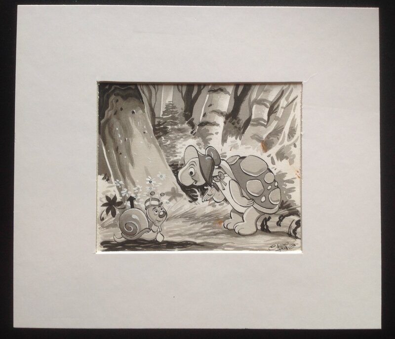 En vente - Marin Conte Fable Dessin Original Lavis L'Escargot et La Tortue ... promenons nous dans Les Bois , Éo journal Nano Année 60 - Illustration originale