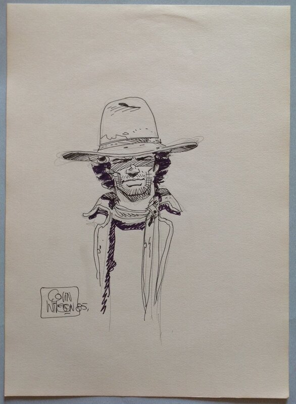 For sale - Wilson Colin Dédicace fine du Héros Blueberry portrait classe , Bd feuille Année 1985 réalisée dans un Salon BD a Paris - Sketch