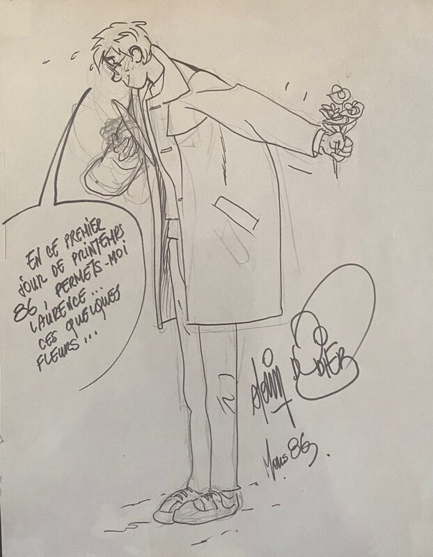Alain Dodier, illustration originale, Jérôme K Jérôme Bloche au bouquet... - Dédicace