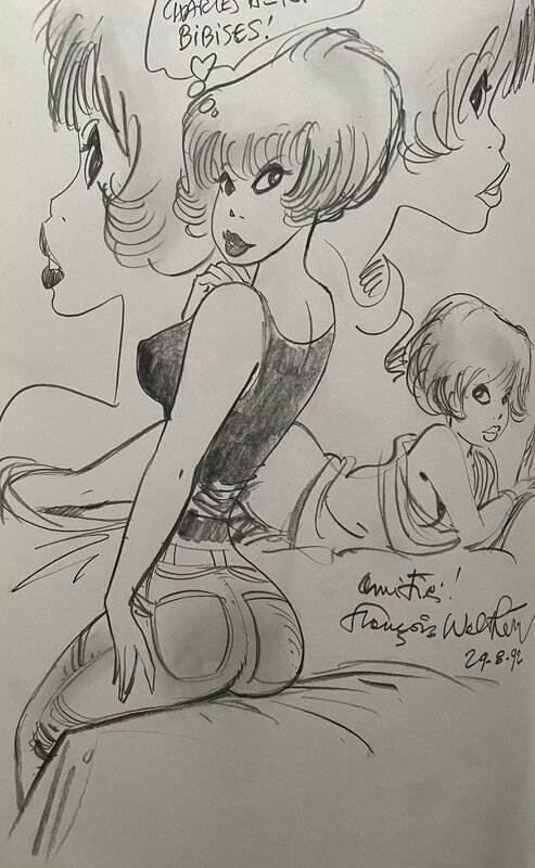 François Walthéry, illustration originale, quatre différentes postures de Natacha. - Sketch