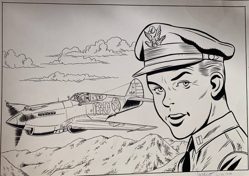 Frédéric Marniquet, illustration originale, Sonny Tuckson, l'ami de Buck Dany, devant un warbird Curtiss P40 - Illustration originale