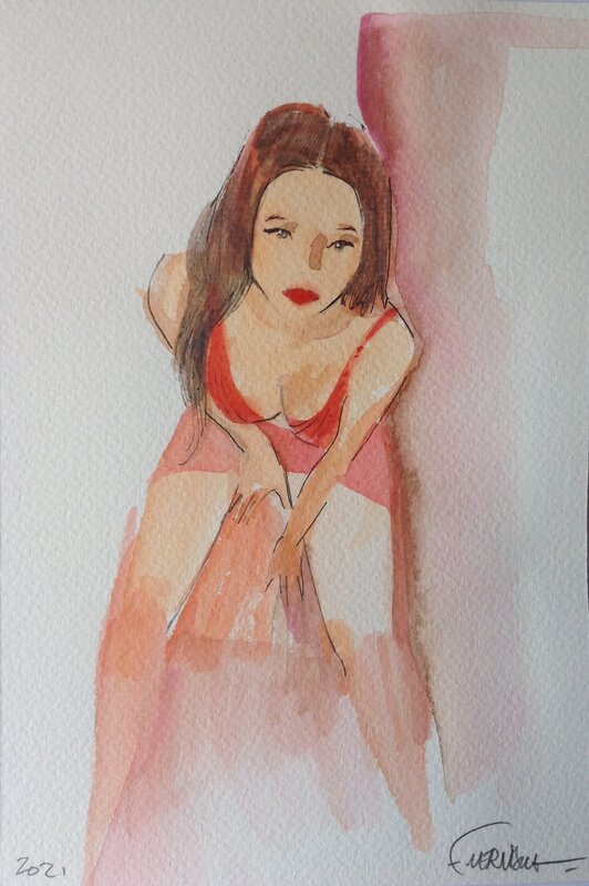 Frédéric Vervisch, dit Bombatô Mike, dessin original, jolie  Pin-up brune à la robe rouge. - Illustration originale