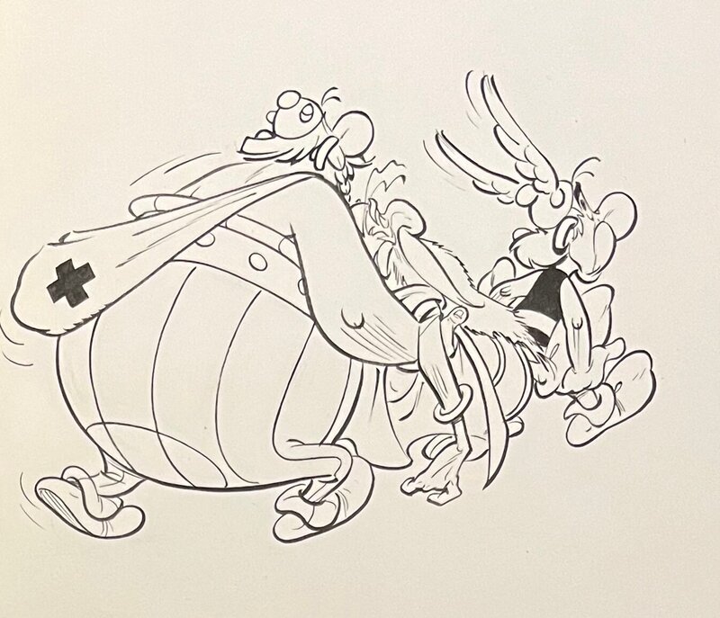Studios Uderzo, illustration originale,  Asterix & Obelix portant Panoramix. - Original Illustration