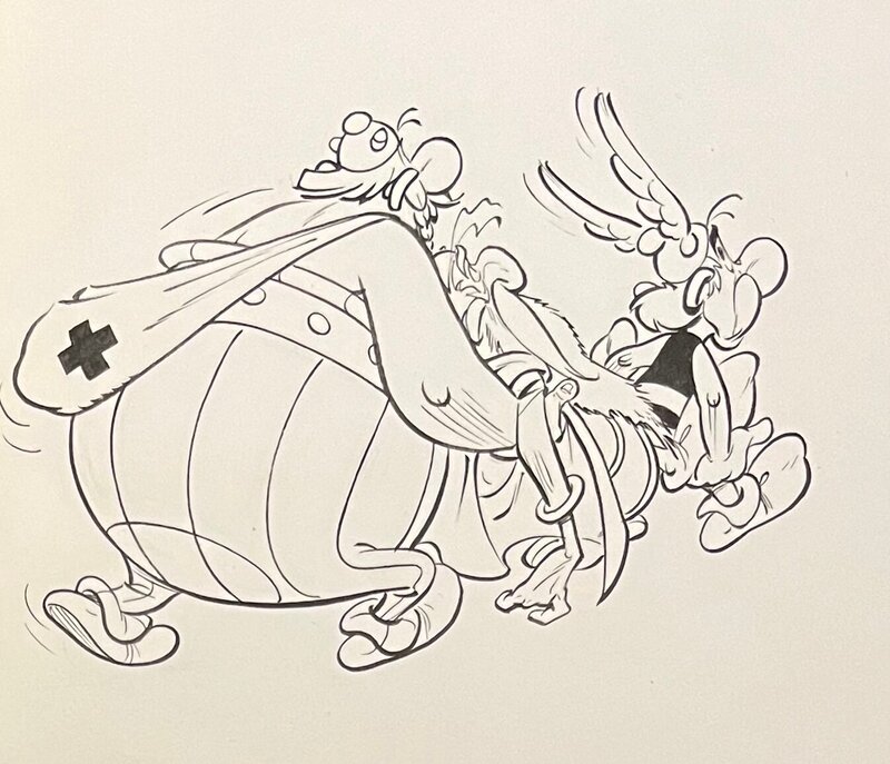 Studios Uderzo, illustration originale,  Asterix & Obelix portant Panoramix. - Illustration originale
