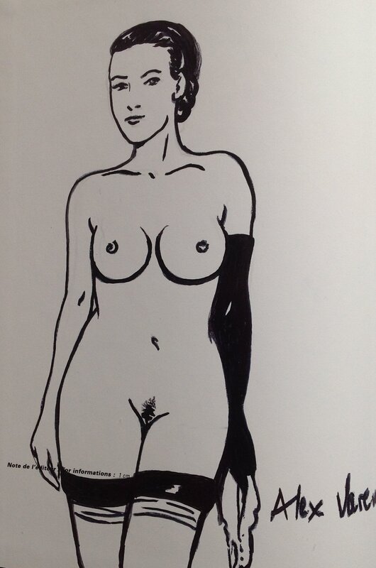 Alex Varenne, illustration originale, une superbe Pin-up sexy et nue, culotte à la main. - Dédicace