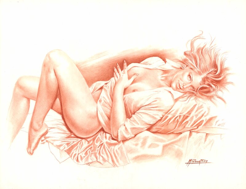 For sale - Michel Gourdon, Pin Up Allongée Sur Le Dos - Original Illustration