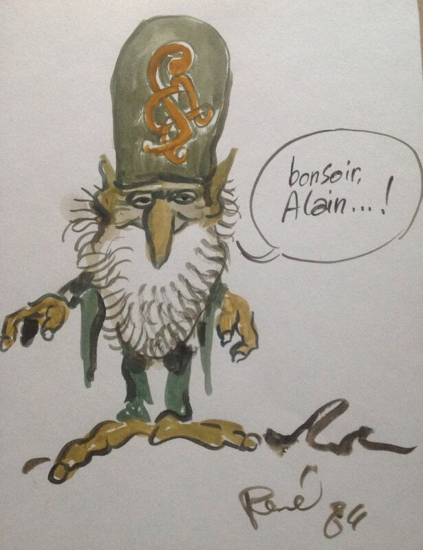 En vente - Hausman Le Lutin Gnome en Pied Dessin Original Superbe Dedicace Gouache Couleur dessin Signé René 1984 - Illustration originale