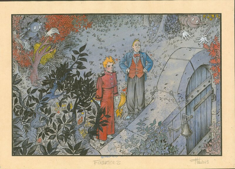 En vente - Fabrice Lebeault, Spirou et Fantasio devant l'entrée - Illustration originale