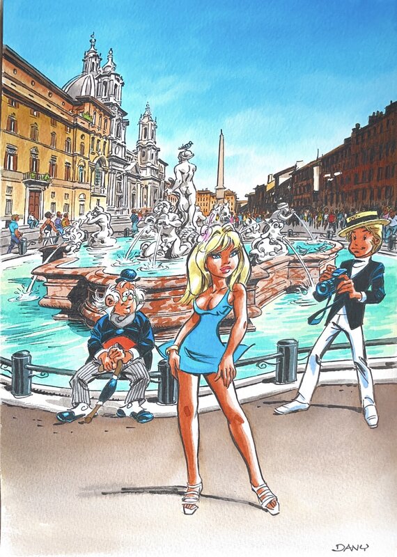 Dany, Olivier et Colombe in Rome, Piazza Navona - Original Illustration