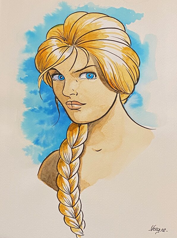 Jean-Christophe Vergne, illustration originale à l'aquarelle, Jeune Noble à la tresse, le Coeur de Lion