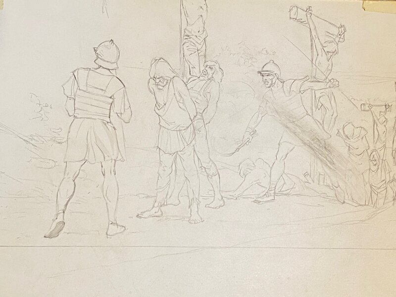 Jean Sidobre, illustration originale pour une esquisse de travail figurant la crucifixion d'esclaves. - Œuvre originale