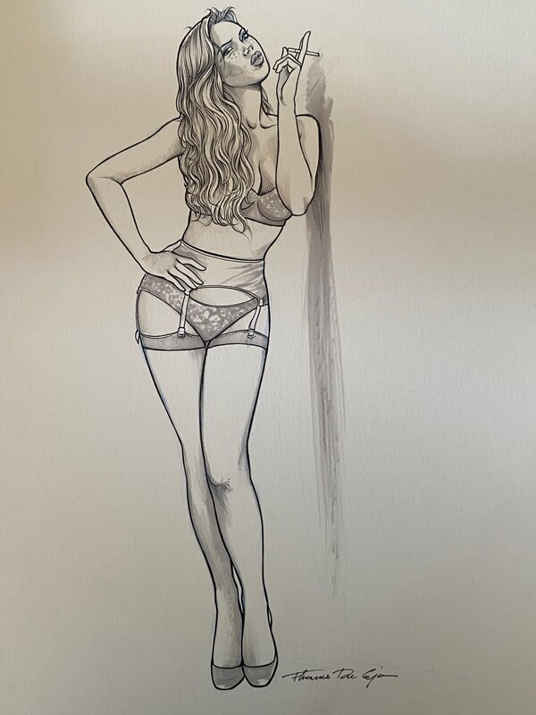 Thomas Du Caju, illustration originale, Pinup fumant en sous-vêtements, portfolio 