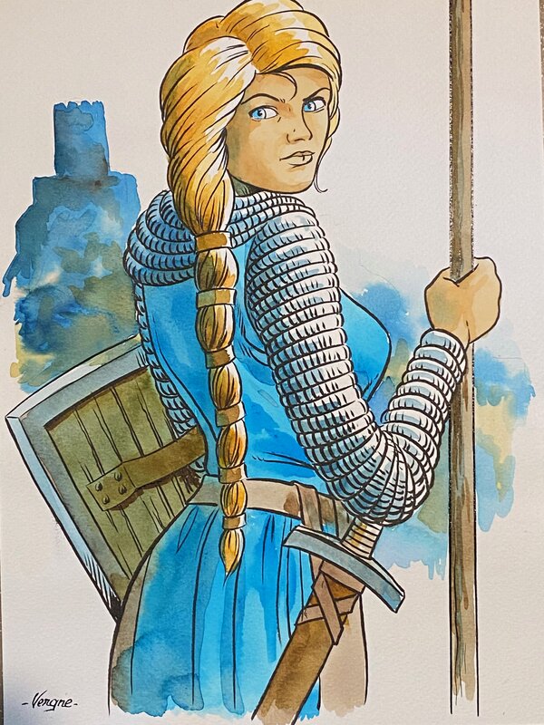 Jean-Christophe Vergne, illustration originale, Damoiselle en armure devant un château fort, Le Coeur de Lion