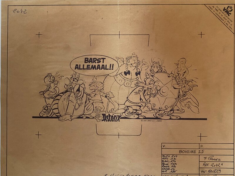 Studios Uderzo, illustration originale, plan + 7 cellos, collection Astérix des Verreries Mécanisées Champenoises (VMC). - Illustration originale