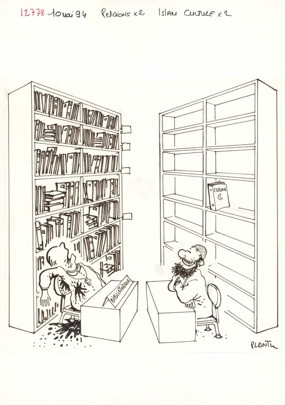 La bibliothèque par Plantu - Illustration originale