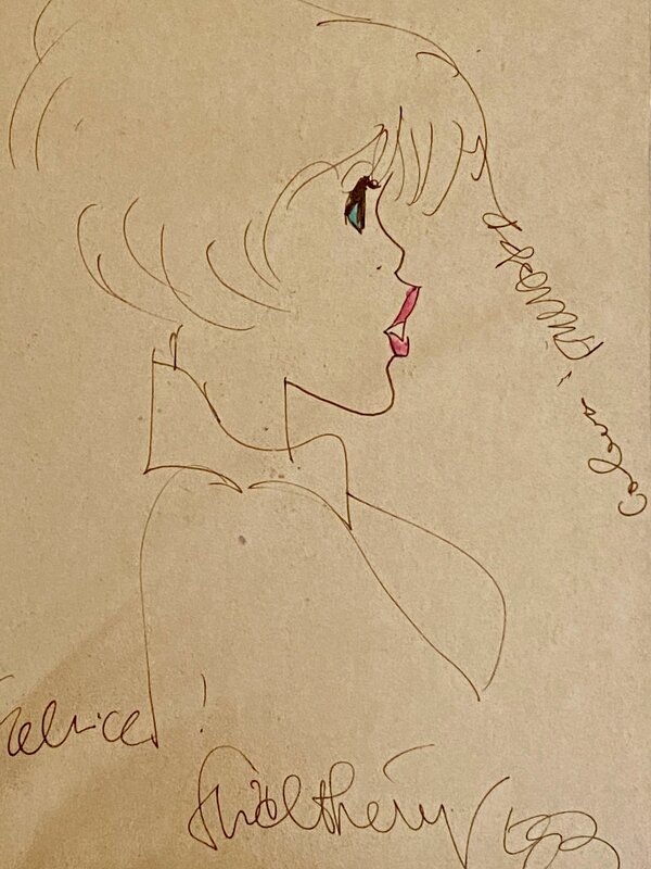 François Walthéry, illustration originale, Natacha de profil aux yeux bleus et aux lèvres rouges ! - Dédicace
