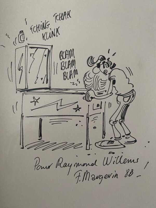 Franck Margerin, illustration originale, Lucien au flipper. - Dédicace