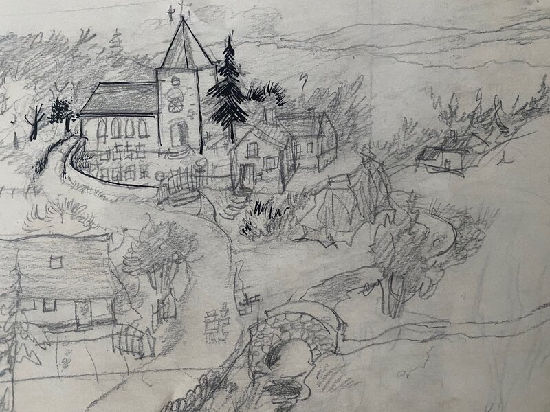 Mittéï, illustration originale, village de campagne. - Original art