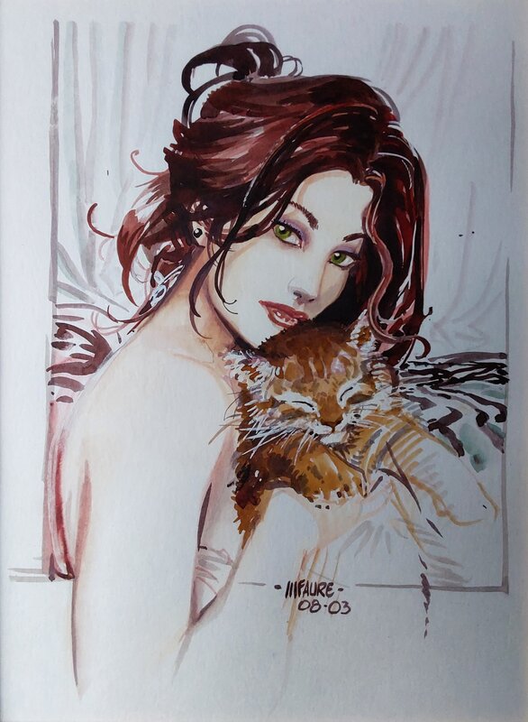 Michel Faure, Élisabeth et son chat. - Illustration originale