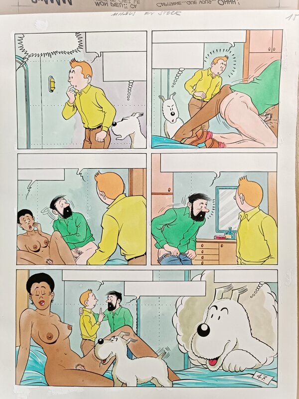 Jan Bucquoy, TINTIN ET MILOU MINOU EN STOCK d'après Hergé - Planche originale