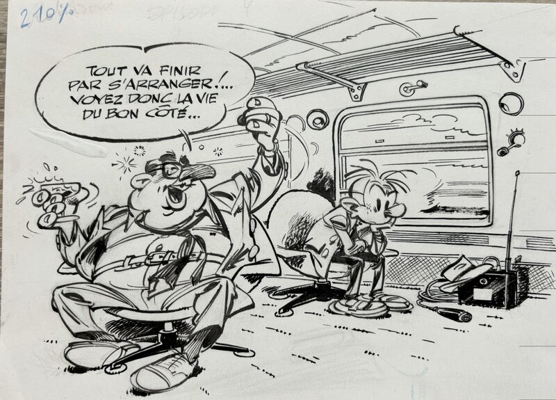 En vente - André Franquin, Spirou et Fantasio - Les Robinsons du Rail - Illustration originale