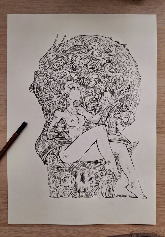 En vente - Ood Serrière, Jeune fille et volutes - Illustration originale