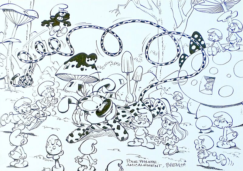 For sale - Batem, Marsupilami chez les Schtroumpfs - Original Illustration