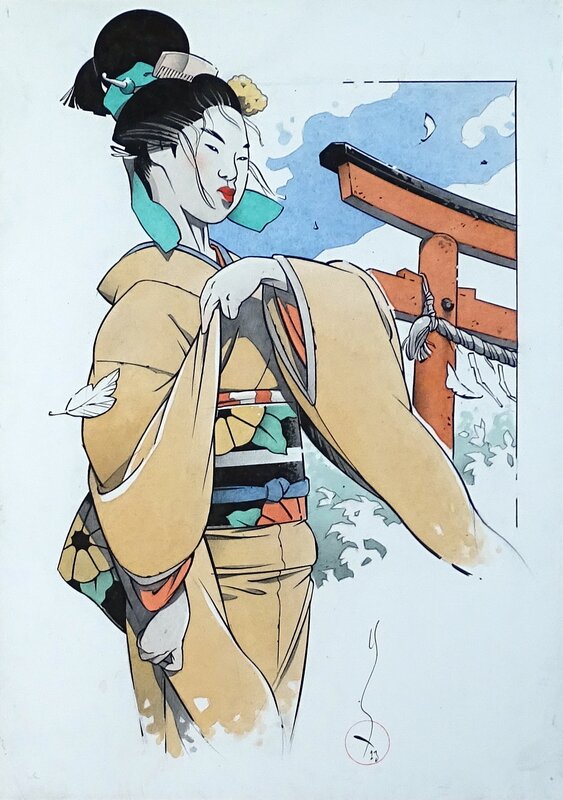 En vente - Michetz, Geisha au kimono orange - Illustration originale