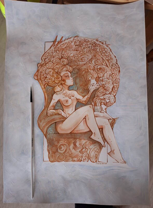 For sale - Ood Serrière, Jeune femme sur fauteuil - Original Illustration