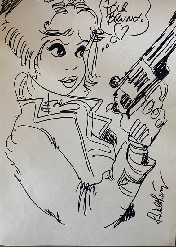 François Walthéry, grande illustration originale, Natacha avec un gros pistolet. - Comic Strip