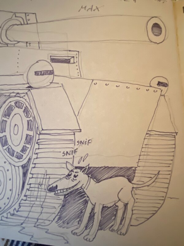 Max, illustration originale, Chien urinant sur un Panzer, 