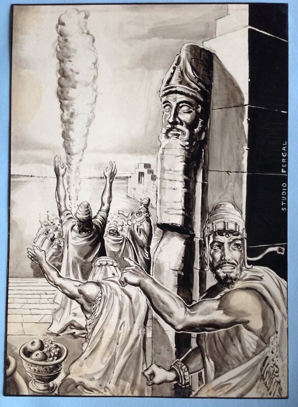 En vente - Fergal Studio, Fergal, Atelier Chott, Fergal Studio de L'Atelier Chott 2 illustration Feu Sacrifice idole Prêtre ... ,superbe Dessin planche originale Lavis & Gouache - Illustration originale