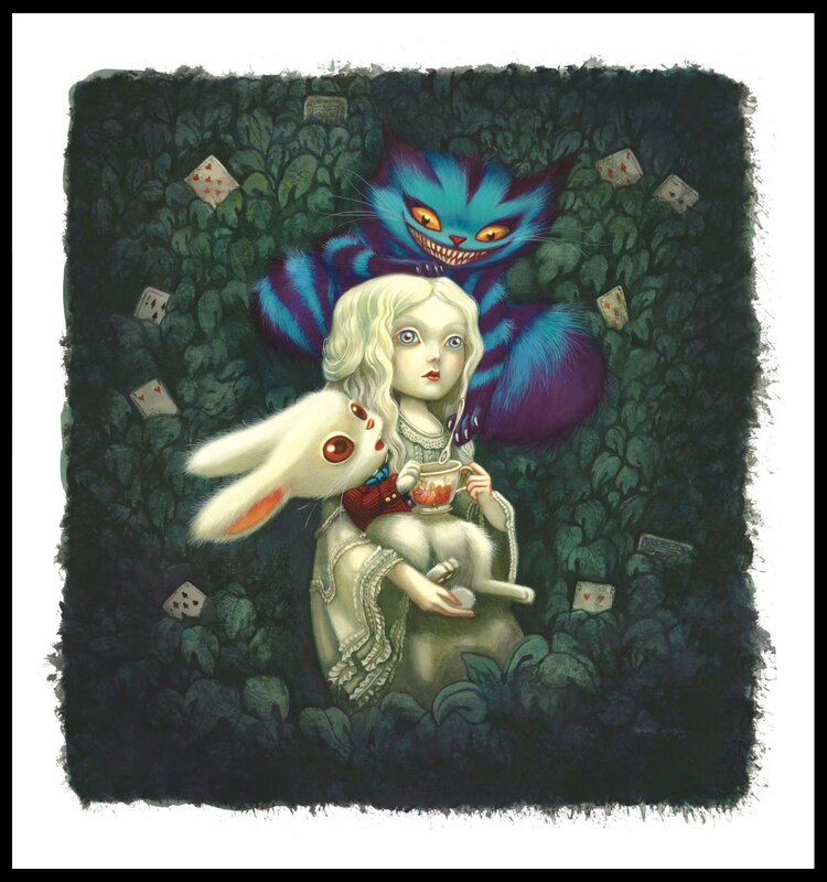 2024 - Alice au pays des merveilles avec le Chat du Cheshire et le Lapin blanc - Benjamin Lacombe - Illustration originale
