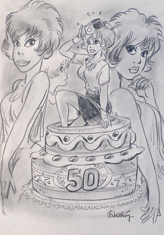 En vente - François Walthéry, Natacha gâteau 50 ans - Illustration originale