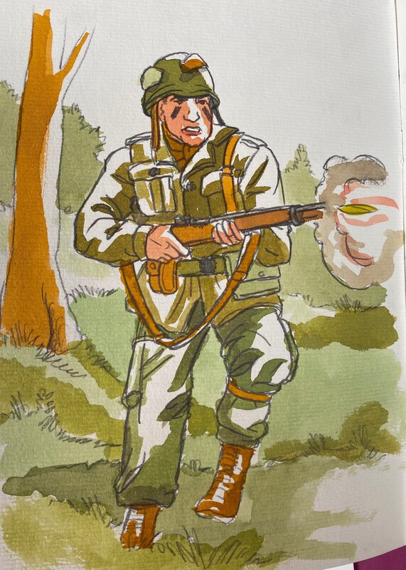 Pierre Legein, illustration originale, Parachutiste américain au combat, 