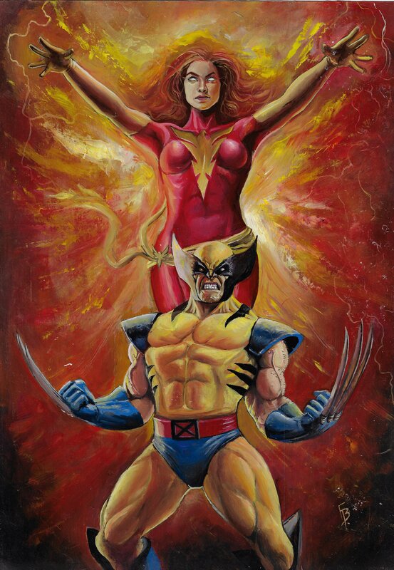En vente - Wolverine & Phoenix Felipe Barbosa - Ed Benes Painting For Sale - Planche originale