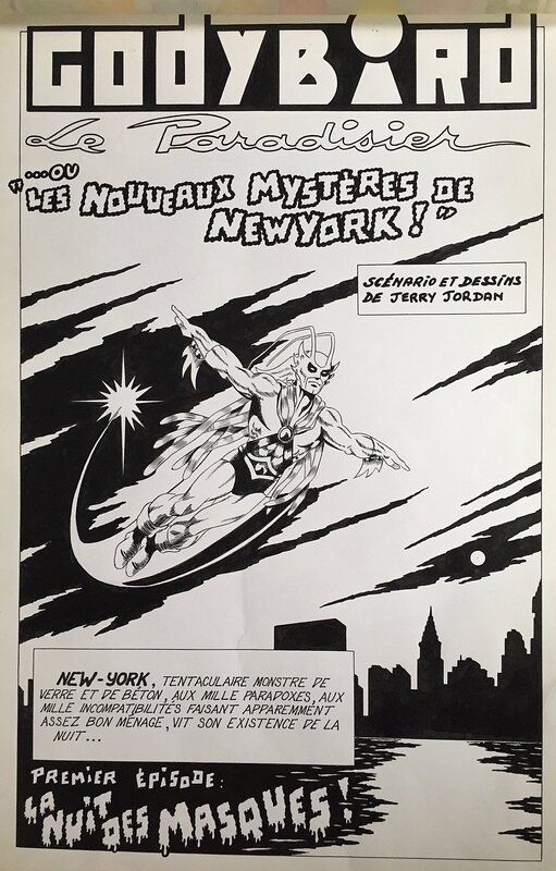 Jerry Jordan, Jean-François GIORDANO, Jerry Jordan, Godybird#1, Le Paradisier ou les nouveaux mystères de NY, la nuit des masques, planche de titre, 1980. - Planche originale