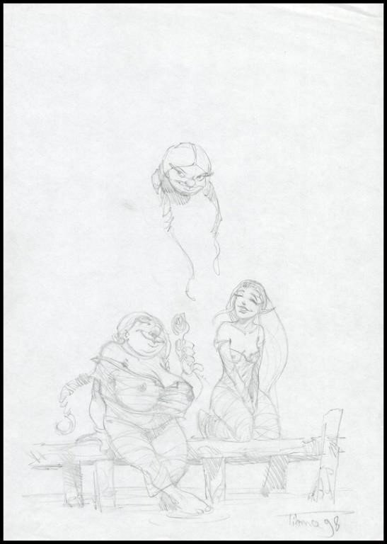Tiburce Oger, Gorn. Crayonné préparatoire représentant Dame George et Eloise - Œuvre originale